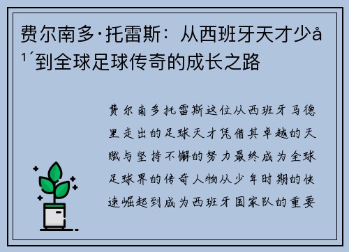 费尔南多·托雷斯：从西班牙天才少年到全球足球传奇的成长之路