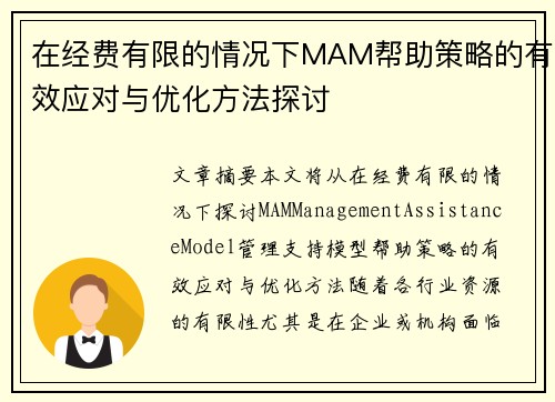在经费有限的情况下MAM帮助策略的有效应对与优化方法探讨