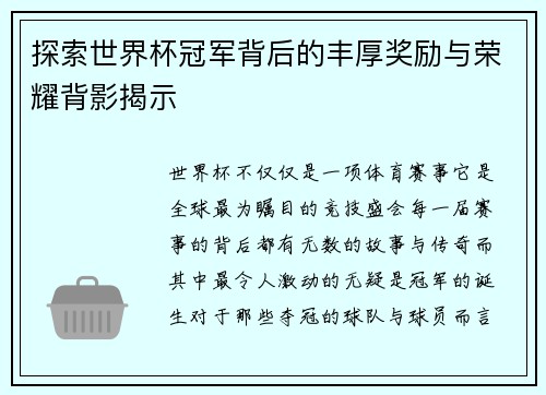 探索世界杯冠军背后的丰厚奖励与荣耀背影揭示